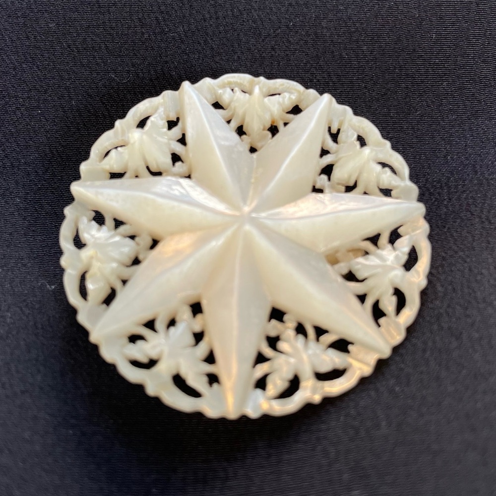 Vintage Mother of Pearl Style Brooch Intricate Carved Design